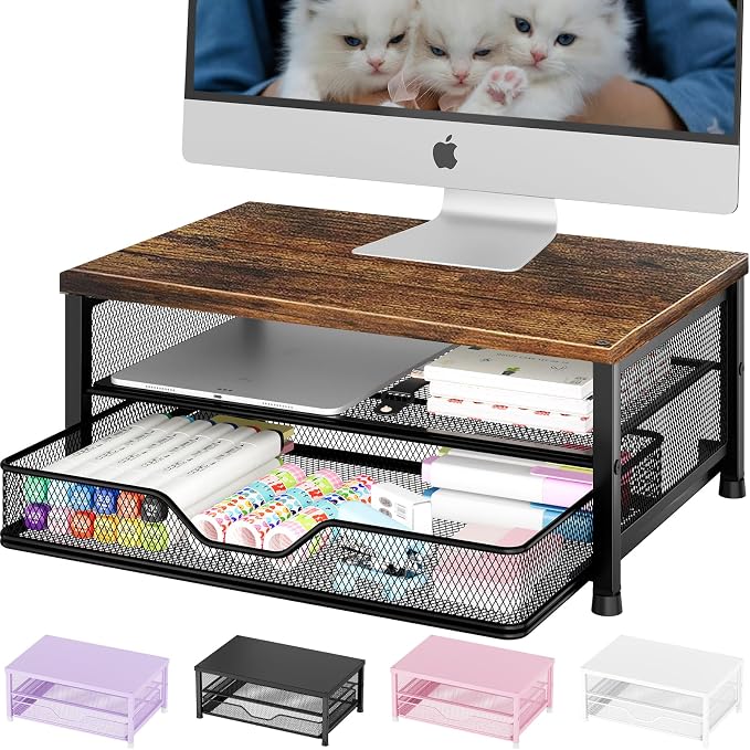 OPNICE Computer Monitor Stand Riser, Desk Organizer with Drawer, Printer & Laptop Stand, Office Desk Accessories & Workspace Desktop Organizers Storage for Office Supplies(Brown)