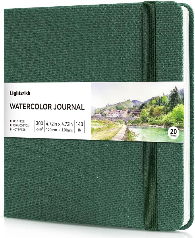 Watercolor Journal - 100% Cotton Hot Press Paper | 20 Sheets 40 Pages | 300GSM (140lb) | Linen Cotton Cover Watercolor Sketch Books for Artists Painting,Mixed Media 4.72 x 4.72 in