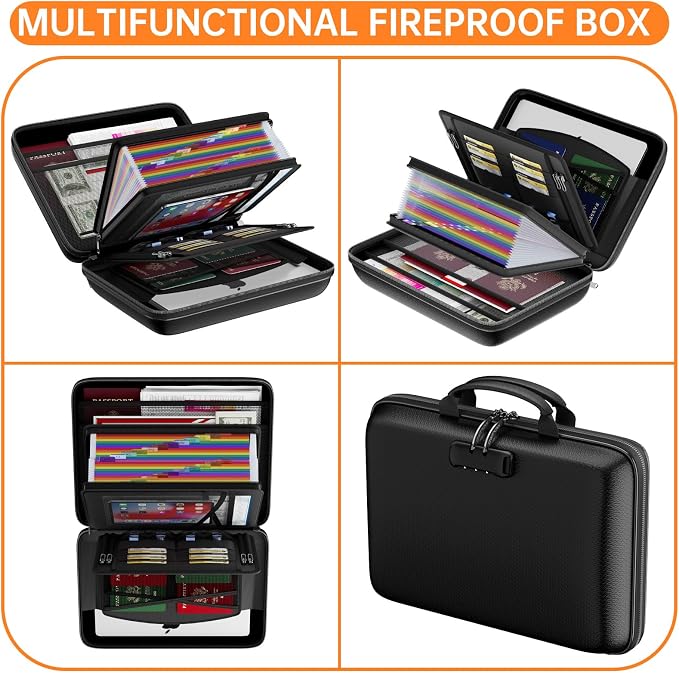 ENGPOW Fireproof Document Box with Lock & 25-Pocket Accordion File Folder | Fire & Water Resistant,Hard Case File Organizer with Handle,Portable Home Office Safe Storage for Important Documents,Laptop