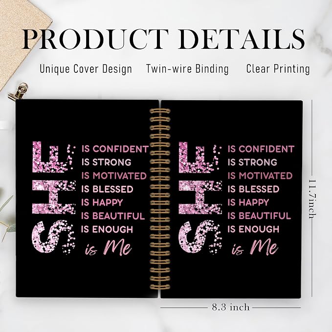 QLMX She Is Me Affirmations Spiral Notebook, Pink Black Inspirational Self Care A4 Journal Notebook, Positive Notebooks for School Work, Self Love Office Supplies Gifts for Women Girls, 8.3x11.7 Inch