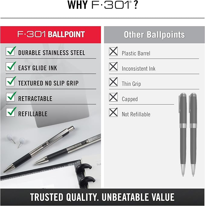 Zebra Pen STEEL F-301 Retractable Ballpoint Pen, Black Ink, 0.7mm, 18-Pack | Stainless Steel Barrel, Non-Slip Grip, Easy-Glide Ink, Fine Point, Professional Design, Ideal for Journals & Planners (27118)
