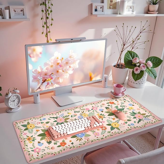 iCasso Floral Desk Mat for Keyboard and Mouse,Cute Gaming Mouse Pad XXL,Anti-Slip Desk Matt for Desktop,Soft Lycra Surface Computer Mat Women,Girly Big Mousepad for Home Office (Pink Floral)