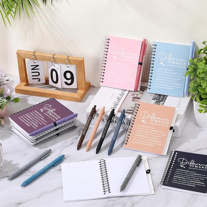 Resurhang 30 Sets Difference Maker Employee Appreciation Gift Bulk Inspirational A6 Spiral Notebook Journal Ballpoint Pens for Teacher Volunteer Coworker Team Back to School (Office Colors)