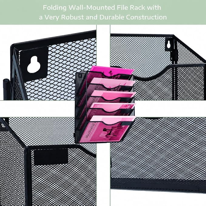 5 Pockets Mesh Wall File Holder Organizer Office Hanging File Folder Magazine Rack, Nametag Label Hooks Set Included (Black)