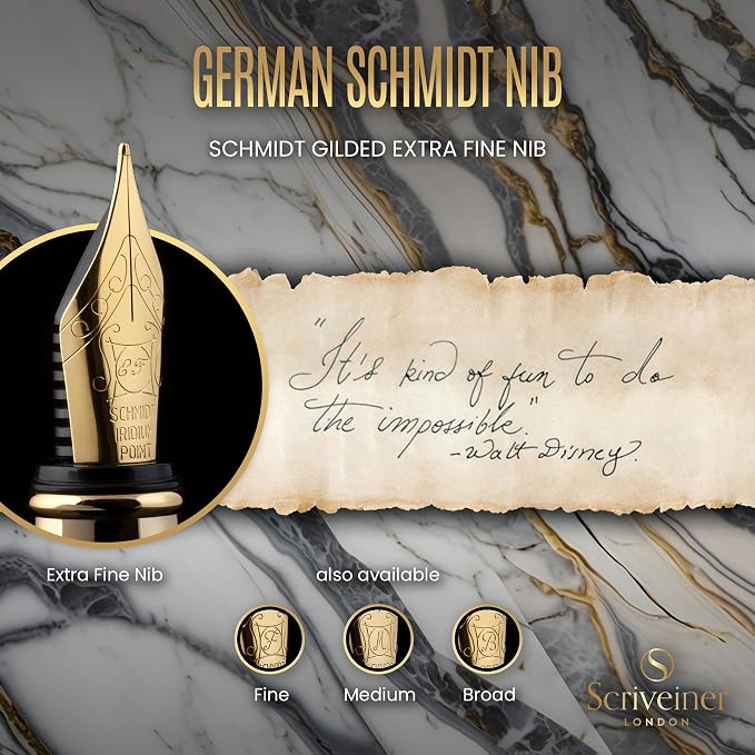 Scriveiner Silver Chrome Fountain Pen - Stunning Luxury Pen, Real Gold Finish, Schmidt Gilded Nib (Extra Fine), Best Gift Set for Men & Women Professional Executive Office Nice Designer Pen