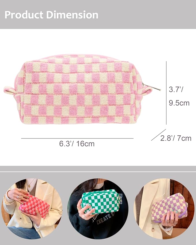 Checkered Makeup Bag for Purse, Small Cosmetic Pouch,Pink Beige,6 Pack | Cute Zipper Makeup Organizer for Women, Travel Essentials, Toiletries, Makeup Brushes, Beauty Accessories&Bridesmaid Gifts
