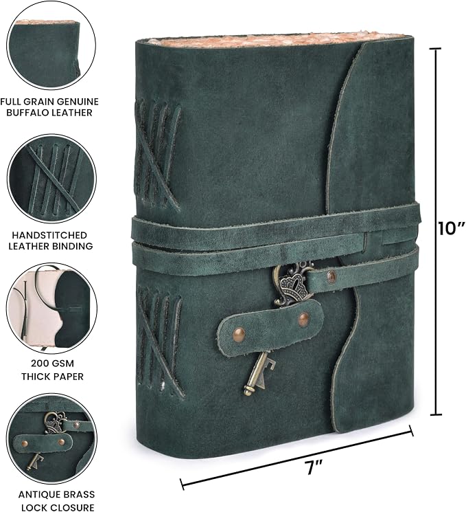 LEATHER VILLAGE Vintage Leather Journal – 200 Handmade Vintage Deckle Edge Paper – Leather bound Journal For Women Men – Vintage Key Closure - Book of Shadows - Turquoise - 10X7 inches