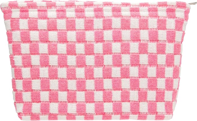 PAZIMIIK Checkered Makeup Bag for Purse, Small Flat Cosmetic Pouch,Pink | Cute Zipper Makeup Organizer for Women, Travel Essentials, Toiletries, Makeup Brushes, Beauty Accessories&Bridesmaid Gifts
