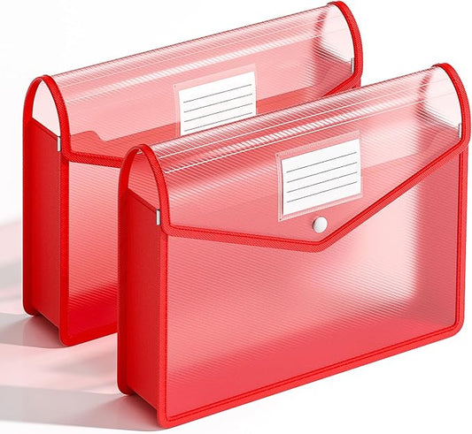 2 Pack Plastic Expanding File Folder, Transparent envelopes with Snap Closure, Fit Letter/A4 Size for School/Office/Home/Hospital, No Dividers, Large Capacity（Red）