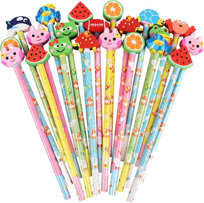 DERAYEE 24PCS Cute Pencils with Fruit Animal Top Eraser, Fun Wooden Pencil for Kids Students Reward Prize Classroom Party Favors
