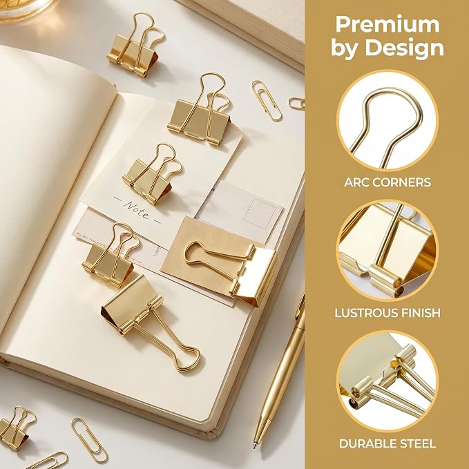Gold Binder Clips, Assorted Sizes, 100 Pack | Solid Metal, Stainless Steel Handle, Office School Supplies