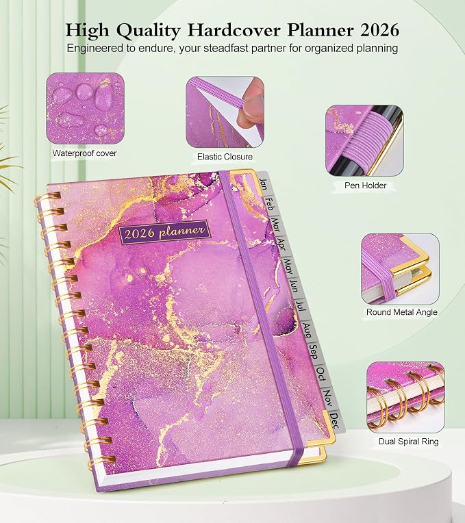2026 Planner, Hardcover Weekly and Monthly Planner, January 2026 - December 2026, Spiral Yearly Agenda Organizer Book 2026 with Tabs, Daily Calendar Planners for School Work Home, A5 (5.75" x 8.38"), Purple Marble
