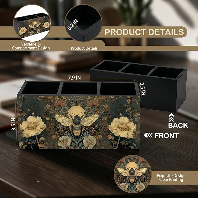 William Morris Inspired Bee Wooden pencil holders & pen holders | Bee Desk Accessories, Art Nouveau Dark Cottagecore Floral Insect Makeup Brush Toothbrush Holder Organizer for Bathroom Vanity