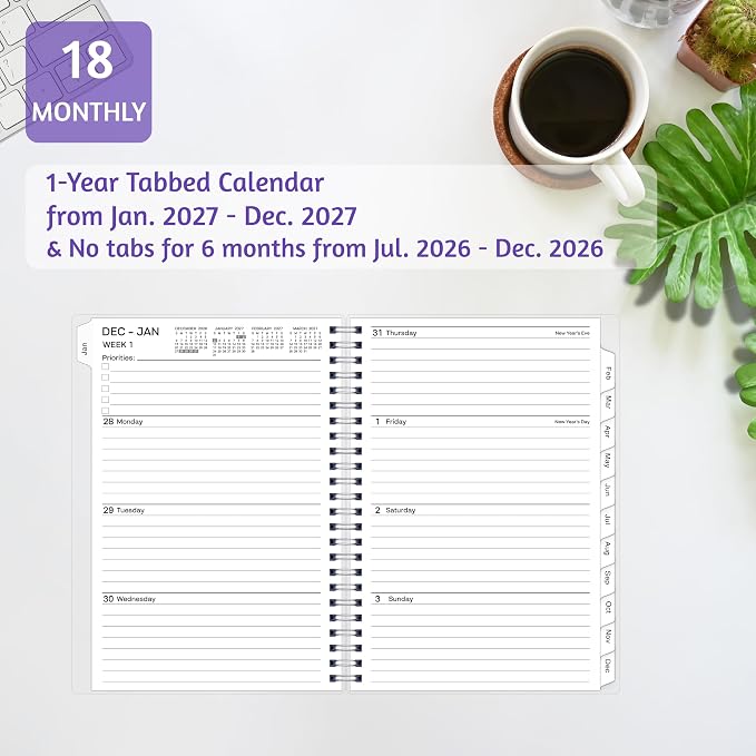 2027 Planner, Weekly ＆ Monthly Planner 2027, Jan 2027 – Dec 2027, 6.2" x 8.42", Flexible Cover, 12 Monthly Tabs, Thick Paper, Spiral Wirebound, Inner Pocket