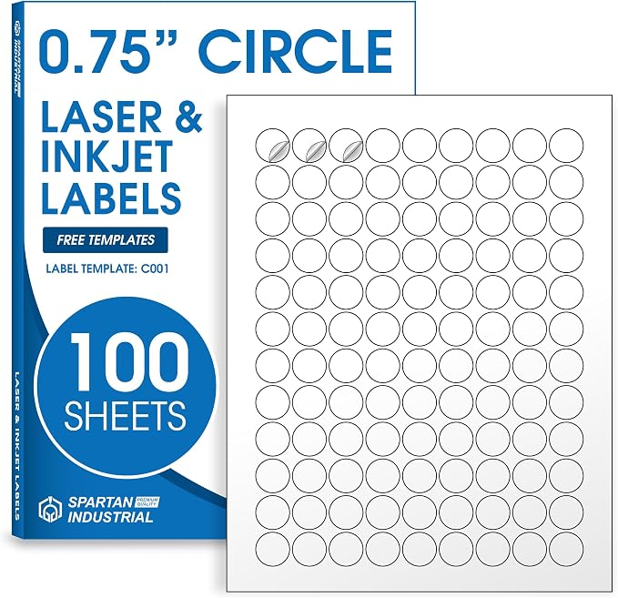 0.75" Printable Round Labels for Inkjet and Laser Printers - 10800 Blank Stickers, 100 Sheets for Price Tags, Thank You Stickers, QR Codes, Business Logos - Spartan Industrial Template C001