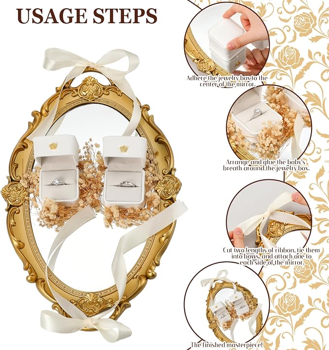 Liliaafar Gold Wedding Mirror Tray with 2 Pcs Ring Boxes Mirrors Flat Circle Plates with Floral Ribbon Design Trays for Table Centerpieces Wedding Party Centerpieces