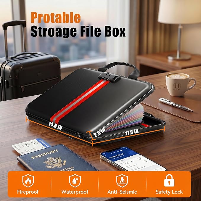 Fireproof Document Organizer with Lock, Rigid EVA File Box with 13-Pocket Accordion Folder for Important Documents & Tablets under 11", Lightweight Safe Storage for Home, Office & Travel (Small Size)