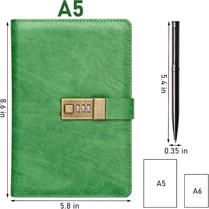 WEMATE Diary with Lock, A5 PU Leather Journal with Lock 240 Pages Green | Vintage Lock Journal Password Notebook with Pen & Gift Box, Lock Diary Planner Organizer for Men and Women, 8.6x5.8in