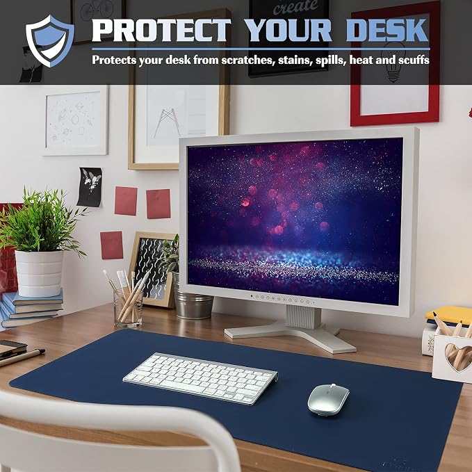K KNODEL Desk Protector Mat, Leather Desk Pad (23.6"x13.8", Dark Blue) | Non-Slip Desk Mat, Desk Pads and Blotters, Desktop Mat, Desk Protector and Cover, Office Computer, Laptop and Keyboard Mat