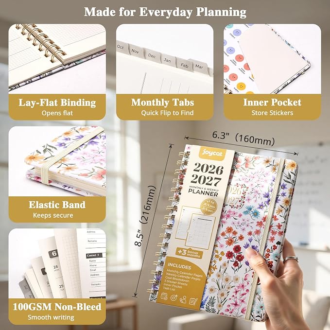JoyCat Academic Planner 2026-2027, A5 Weekly & Monthly, Wildflowers | July 2026-June 2027 A5 planner combines weekly and monthly layouts, tabs, grid notes and sticker sheets.