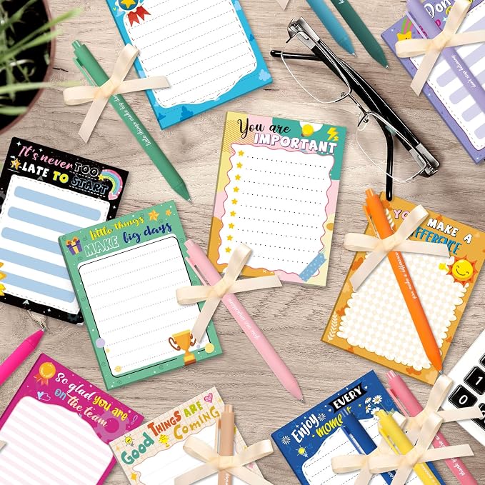 Eaasty 48 Pcs Cute Inspirational Notepads and Pens with Ribbon Bulk, Positive Affirmation Stationery Back to School Gifts for Students, Teachers, Classroom Rewards, Office Appreciation, Party Favors
