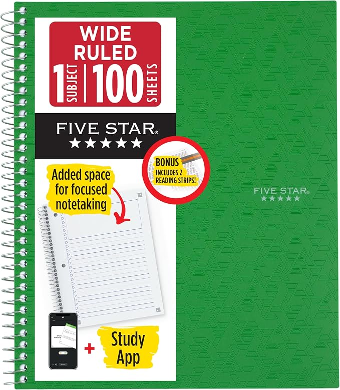 Five Star Spiral Notebook + Study App, 1 Subject, Wide Ruled 8" x 10.5" Paper, Focused Notetaking, Includes 2 Line-Tracking Reading Strips, 100 Sheets, Green (620026A)