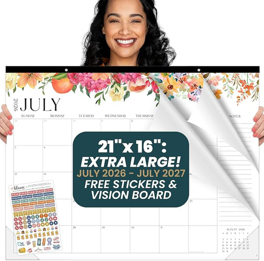 bloom daily planners Desk Calendar 2026-2027 - Academic Year Large Wall Calendar (July 2026 - July 2027) - 21” x 16” Desktop & Hanging Monthly Planner with Stickers for Home or Office - Seasonal Florals