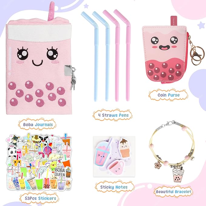 All In One Gift Kit for Girls – Back to School Supplies, Lock and Key Plush Journal Stationery Set with 53 Stickers, 1 Bracelet, 1 Coin Purse, 4 Straws and 3 Sticky Notes, for Kids, Toddlers, and Teens (Pink Boba)