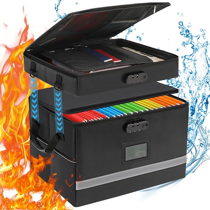 EXLIFBAG 2 Layer File Box with Lock, Portable Document Organizer Box with Handle, Fireproof File Box for Home Office, Legal File Organizer Storage