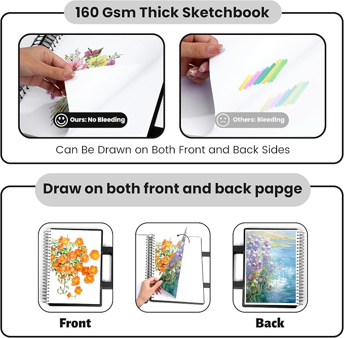 Large Sketchbook for Drawing 9"X 12" Portable Travel Spiral Bound Sketch Book with Pocket(98lb/160gsm) Hardcover Drawing Pad for Adults Watercolor Mixed Media Paper, 60 Sheets/120 Pages, Black