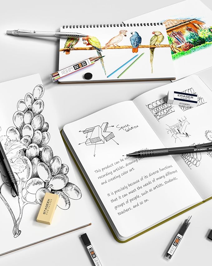 STAGEEK 45PCS Black & Silver Metal Mechanical Pencil Set in Leather Case, 0.5, 0.7, 0.9, 2.0mm Drafting Pencils with 28 Tubes(6B 4B 2B HB 2H 4H & Colors)Lead Refills for Art Drawing, Sketching,Writing