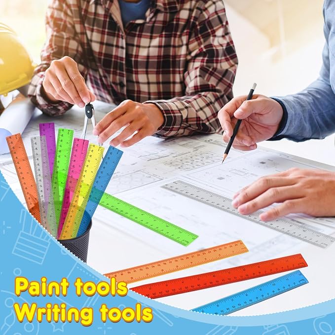 64 Pack Plastic Ruler 12 Inch in Bulk, Plastic Rulers in Assorted Colors, Clear Ruler with Inches and Centimeters, Transparent Rulers Bulk for Kids Back to School, Classroom, Office, Home Supplies