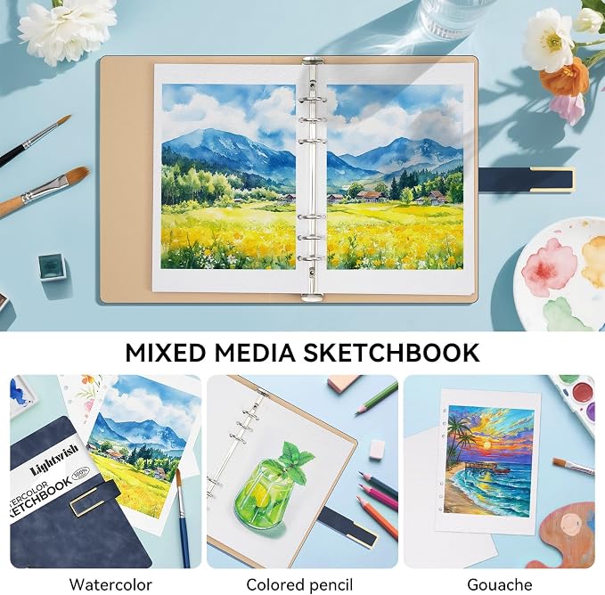 Lightwish Watercolor Sketchbook,100% Cotton Acid Free Watercolor Journal,450gsm Cold Press Watercolor Paper for Artists,Adults,Students,15 Sheets,5.8 * 8.2 Inches Paper