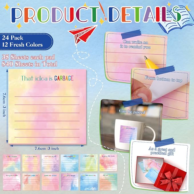 Yinder 24 Pcs Sticky Notes Gifts Bulk,Funny,Watercolor