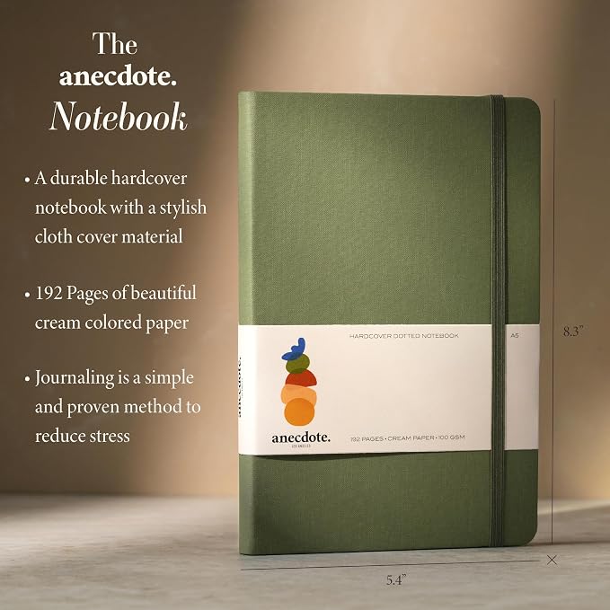 ANECDOTE. Dotted Journal Notebook, 192 Pages, A5 size: 8.3" x 5.4", Thick 100 GSM Paper, Dotted, Hardcover. Journal for Women and Men, Perfect Notebook for School, Work and Travel (Olive Green)