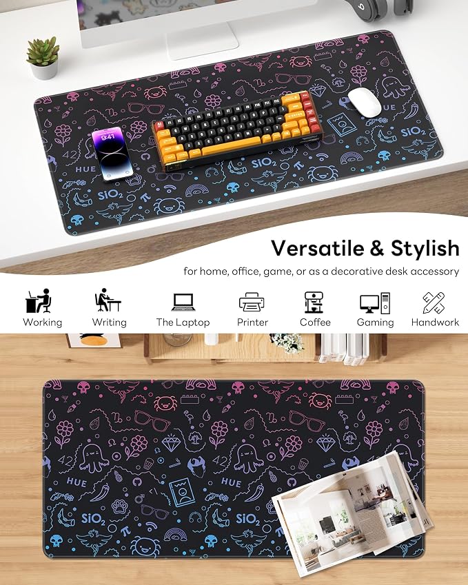XL Gaming Mouse Pad, 31.5x15.7'' Large Desk Mat with Anti-Slip Rubber Base & Stitched Edges for Gaming, Office, Home, Cute Graffiti