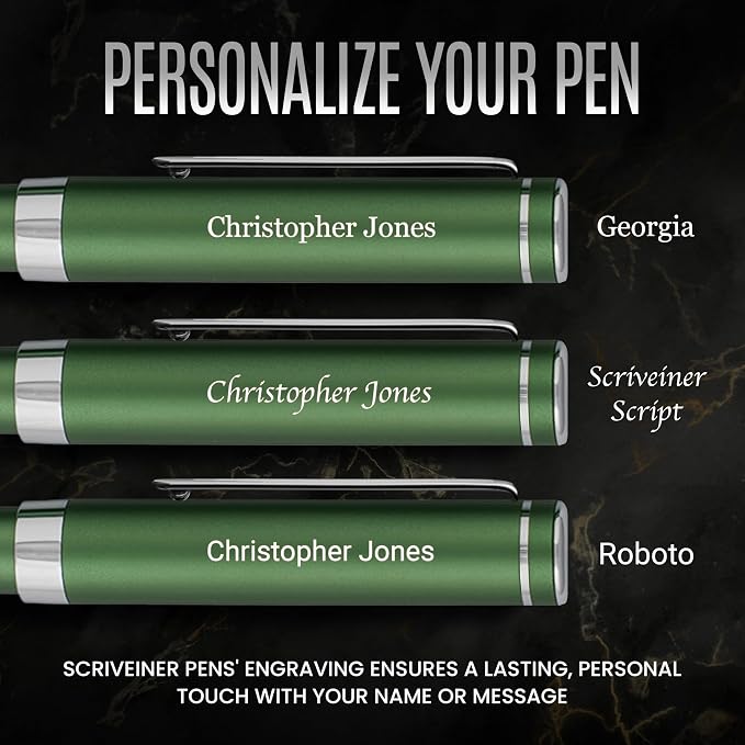 Scriveiner Personalized Luxury EDC Fountain Pen (Medium), Stunning Matt Green Pocket Pen, Chrome Finish, Schmidt German Nib, Best Engraved Fountain Pen Gift Set for Men & Women, Name Engraving
