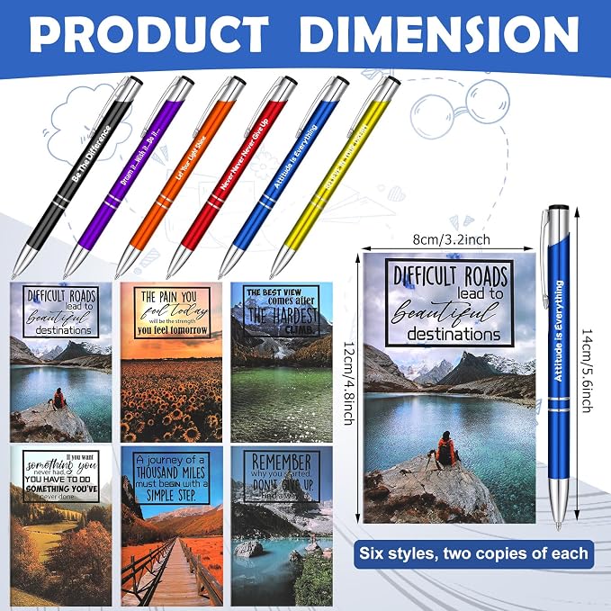 Geyee 24 Pcs Mini Motivational Pens Inspirational Notepads Bulk Appreciation Gifts Small Journals Funny Ballpoint Pen Set Prizes Men Women Office Travel Party Favors(Scenery)