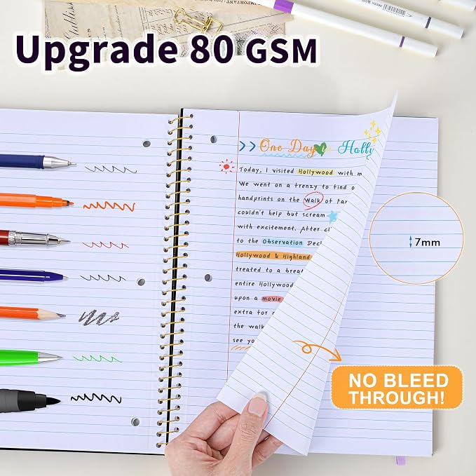 Spiral Notebook College Ruled Paper 8" x 10-1/2", 1 Subject Spiral Notebook 80GSM Paper, 3-Hole Punched Perforated Pages Ideal for School, Office, Writing, 75 Sheets Lined Journaling Notebook, Black