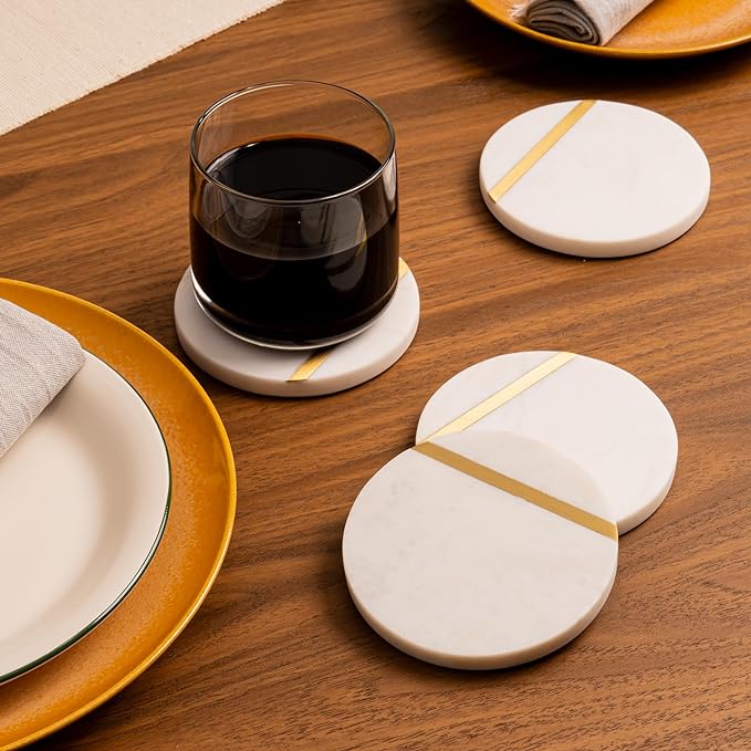Cork & Mill Marble Coasters with Gold Brass Inlay, White, Set of 6 | Real Natural Semi Absorbent Stone, Modern Luxury Decor for Coffee Table, Office Desk or Bar Cart