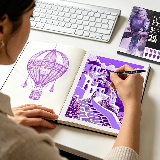 LIULIUCAI 10 Purple Dual Marker, Fine & Brush Tip Pen for Adult Coloring | Violet Marker Pen, Royal Purple Markers for Galaxies, Lavender, Fantasy Art, Outlining Illustration, Mystical Designs