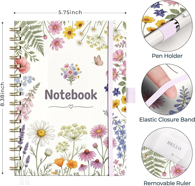 AHGXG Spiral Journal Notebook, 160 Lined Pages, A5 Size (5.7'' x 8.3'') | for Women, Journaling, Writing, Work & Office, Hardcover, 100 GSM Thick Paper (Wildflower Botanical)