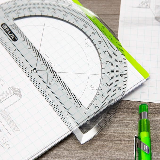 BAZIC Protractor Semicircular 6 Inch 180 Degrees, Plastic Math Protractors, Geometry Measuring Rulers Set, Clear Ruler for Students, 1-Pack | clear semicircular protractor; 6 in and 180 degrees; measures and draws angles for geometry and math