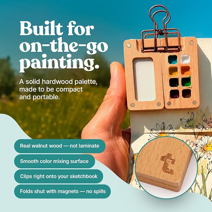 Tobios Watercolor Paint Set, Mini Travel Watercolor Kit with 12 Colors, Refillable Water Brush, Wooden Palette & Sketchbook, Portable Painting Set for Beginners, Journaling & Gifts