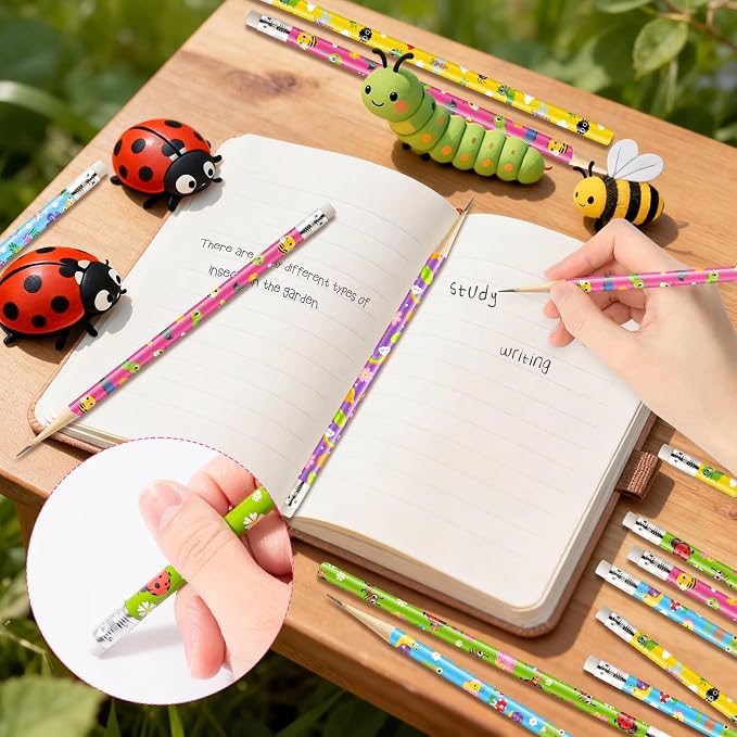 Xqumoi 60Pcs Insects Pencils with Eraser - Spring Butterfly Bee Ladybug #2 HB Pencils, School Classroom Student Rewards Office Supply Holiday Gift Goodie Bag Fillers Stuffers Party Favors