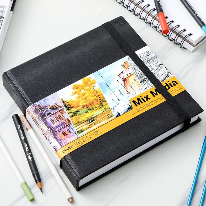 Ohuhu Mixed Media Pad - 8.3" x 8.3" Square Mix Media Sketchbook, 120 LB/200 GSM Heavyweight Papers, 78 Sheets/156 Pages, PU Hardcover Multi-Media Paper Pad for Acrylic Painting Christmas Gift