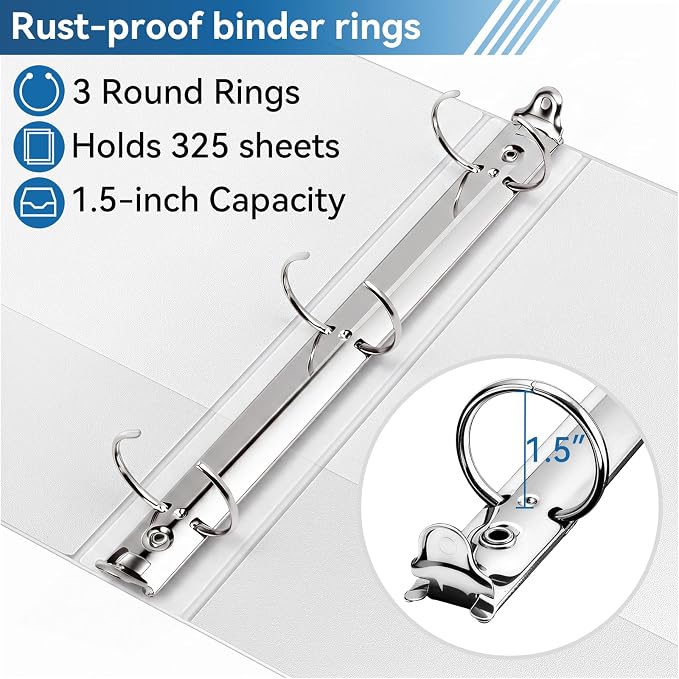 SUIN 1.5-Inch 3-Ring Binders with 2 Interior Pockets, Premium Clear View Presentation Binder Holds 325 Sheets Letter Size, Office School Home,6 Pack