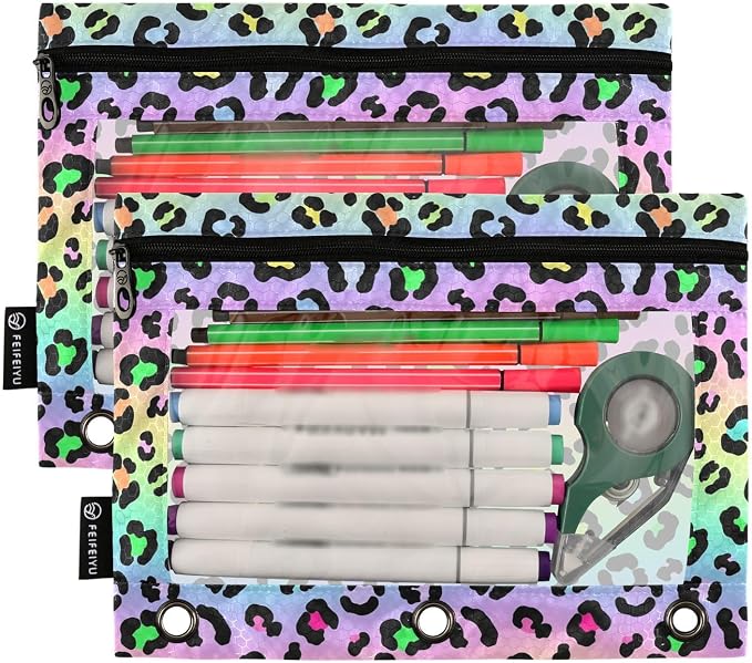 Gredecor Binder Pencil Pouch 3 Ring Neon Gradient Leopard Spots Zipper Pencil Pouches Case 2 Pack Clear Binder Organizer for School Office