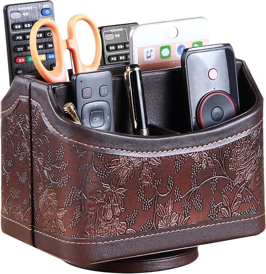 PU Leather 360° Rotatable Remote Control Holder,Nightstand TV Remote Caddy | Office Supplies Desktop Organizer,Spinning Storage Box for Pen,Mail,Phone,DVD, Blu-Ray, Media Player, Heater Controllers