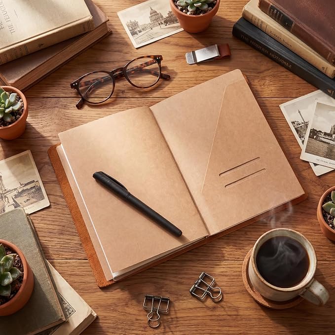 Thenshop Travelers Refillable Leather Journal Notebook Travel Diary Handmade Passport Travelers Journal for Men and Women with 3 Notebook Inserts, Pen Holder, Binder Clip(Brown,A5 Size)